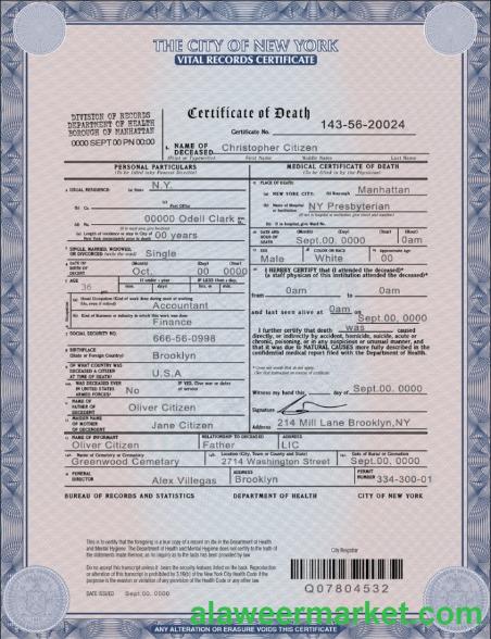 USA New York state death certificate template in PSD format
